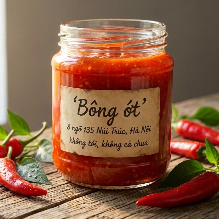 Hũ tương ớt Bông Ớt mở nắp trên bàn gỗ
