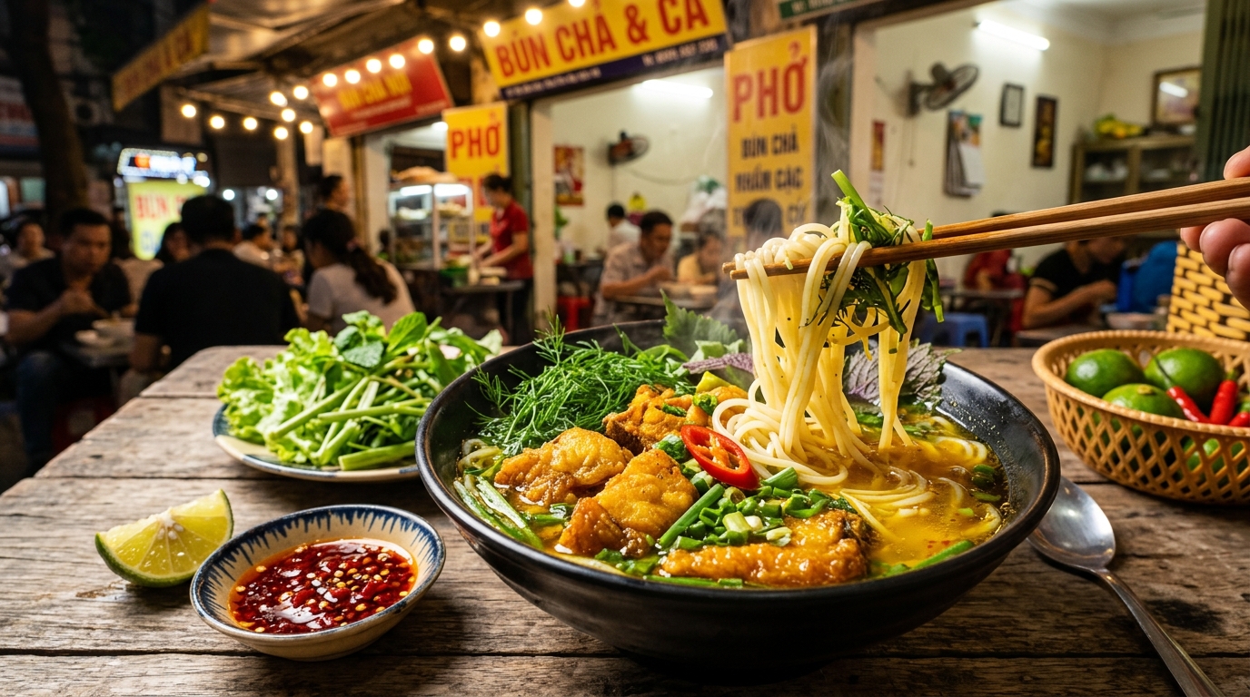 Bún cá chiên giòn rụm chấm tương ớt cay nồng đậm đà