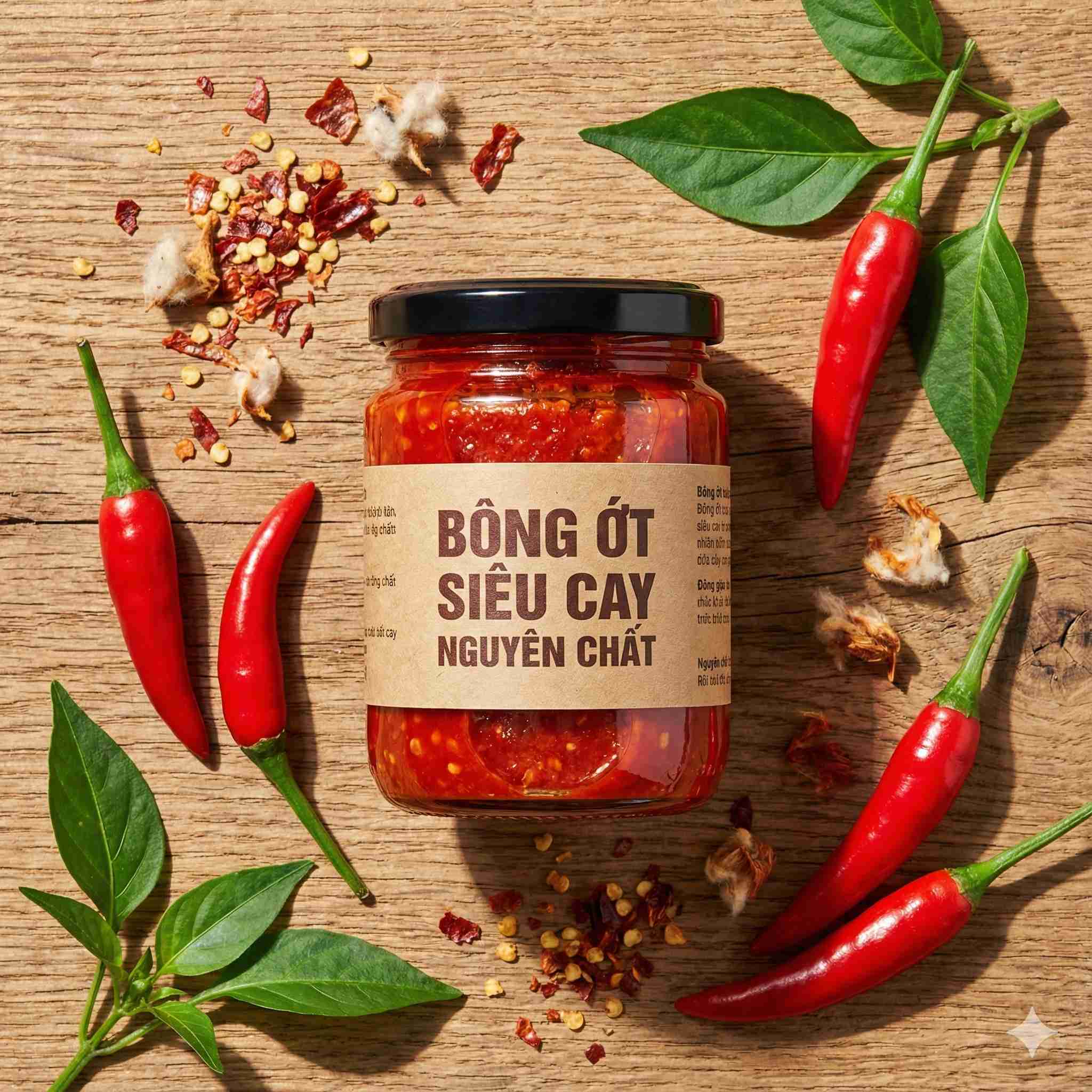 Tương ớt siêu cay nguyên chất Bông Ớt - Hũ thủy tinh với ớt tươi trên nền gỗ