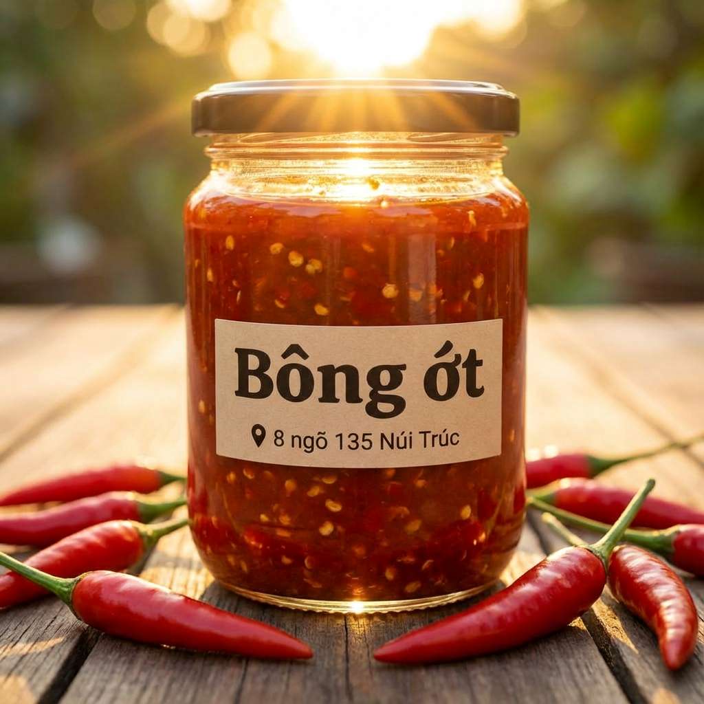 Hũ tương ớt Bông Ớt với ớt tươi dưới ánh hoàng hôn