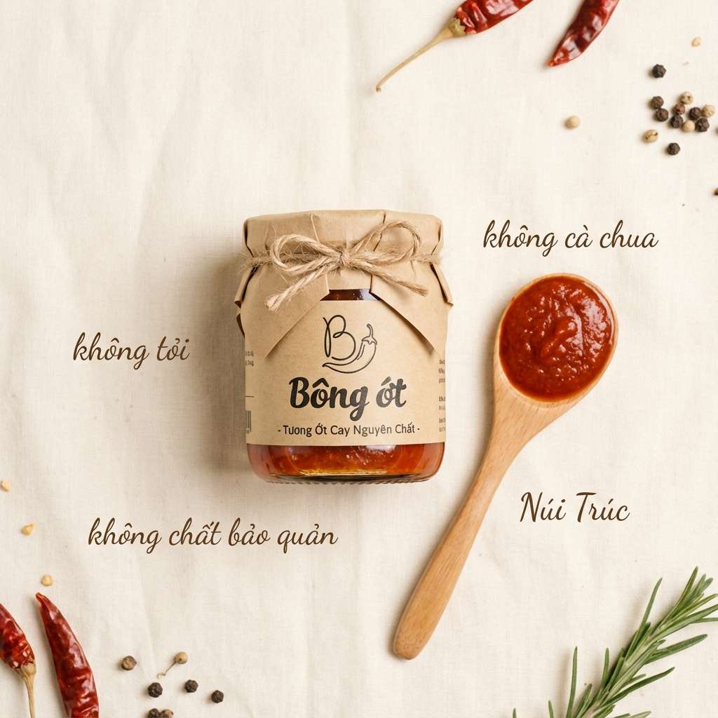 Hũ tương ớt cay nguyên chất Bông Ớt với muỗng gỗ và gia vị