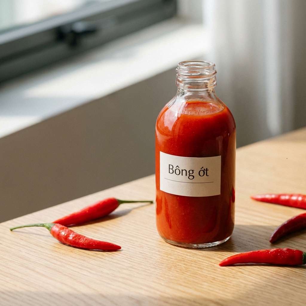 Chai tương ớt Bông Ớt mở nắp với ớt tươi bên cửa sổ