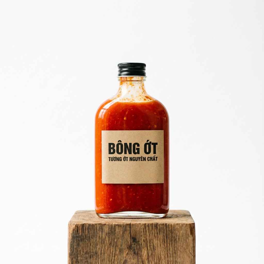 Chai tương ớt nguyên chất Bông Ớt trên đế gỗ - Nền trắng