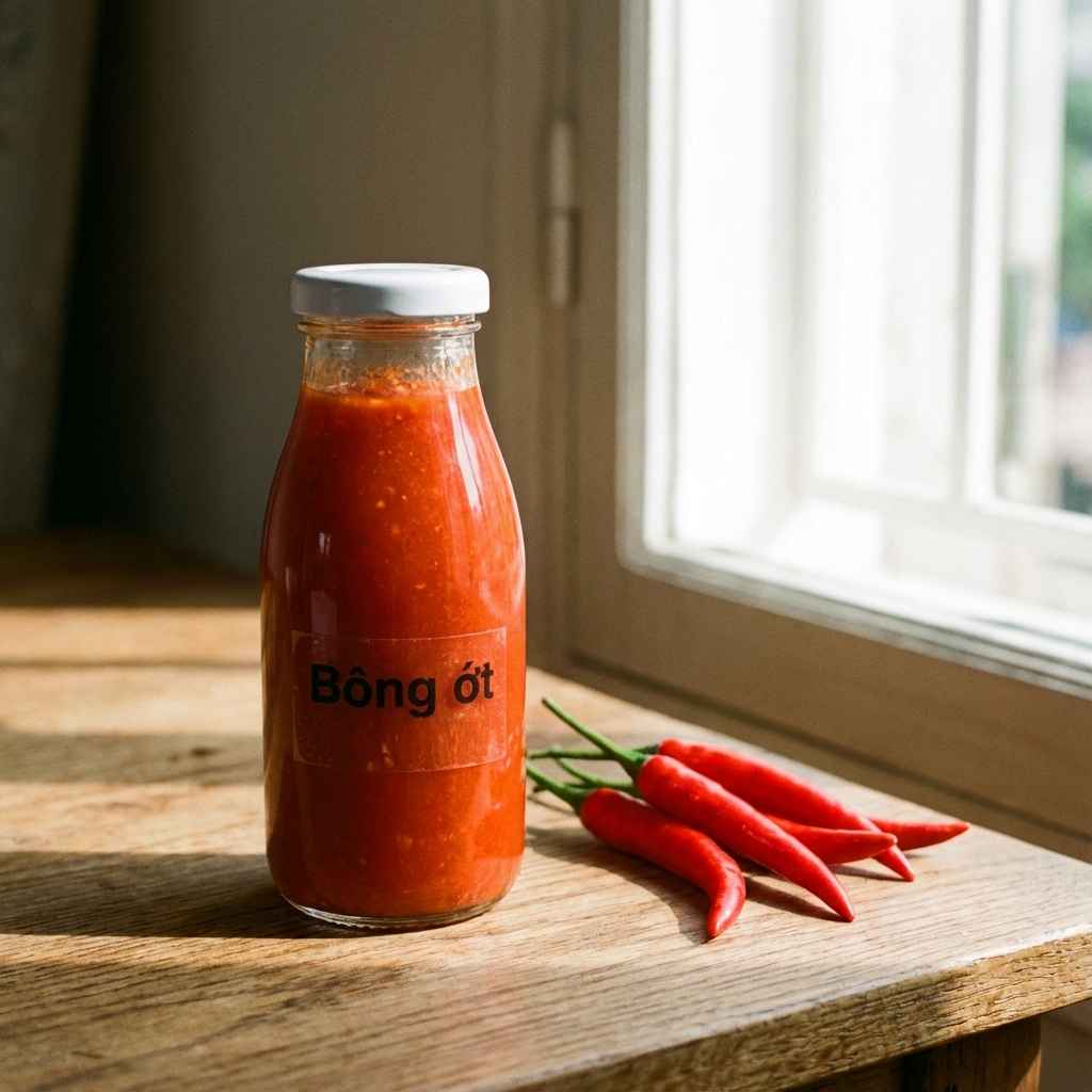 Chai tương ớt Bông Ớt bên cửa sổ với ớt tươi - Ánh sáng tự nhiên