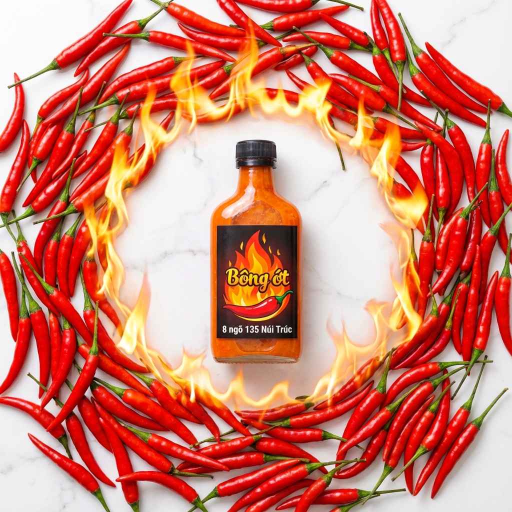 Chai tương ớt Bông Ớt giữa vòng tròn ớt tươi và ngọn lửa